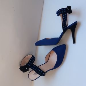 Leuven Alexander blue/black heels w beaded ankle strap-sz 8 No